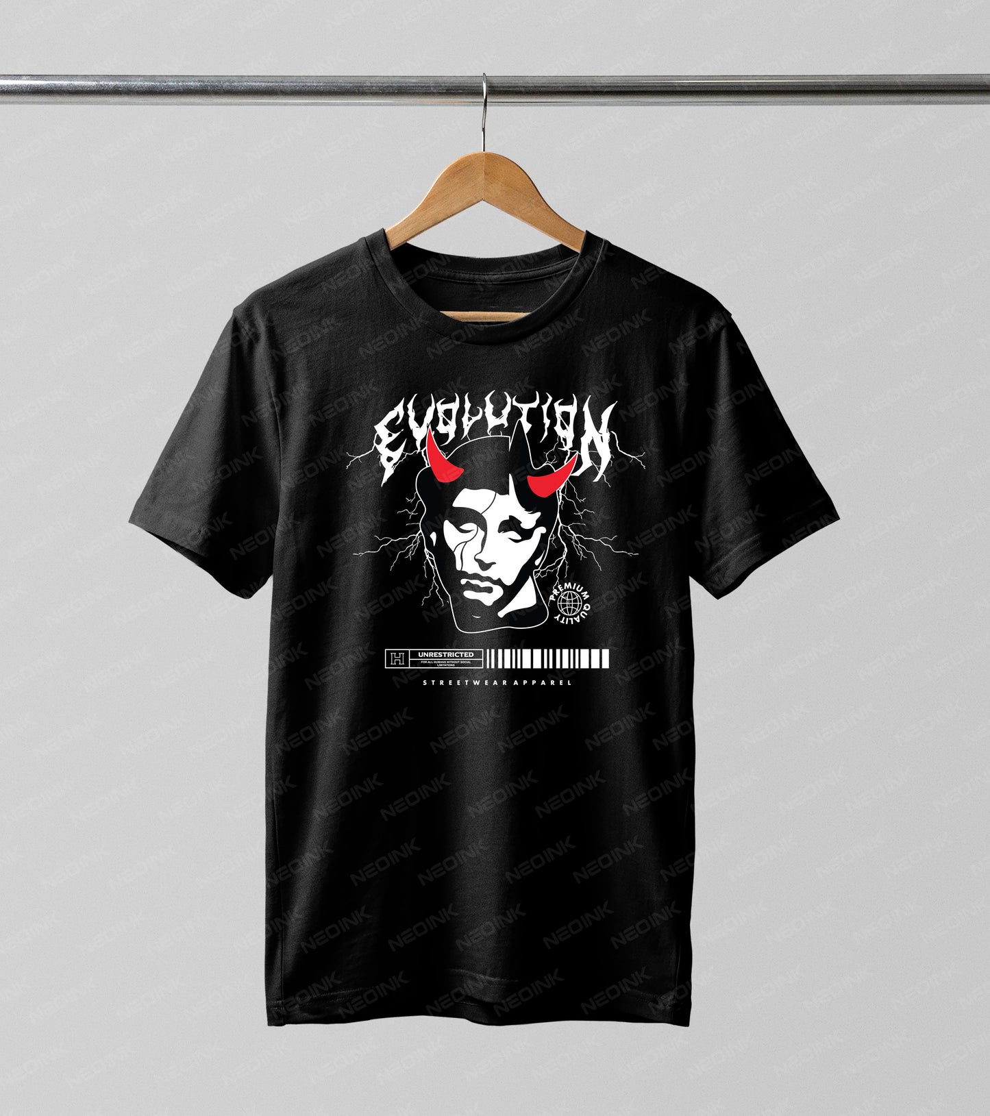 Dark aesthetic Greek statue featuring red devil horns and lightning, making these high-contrast DTF transfers ready to print for alternative fashion.