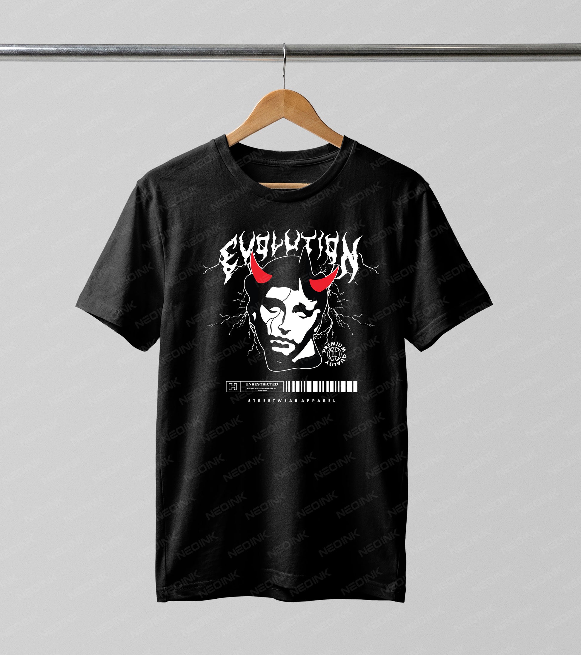 Dark aesthetic Greek statue featuring red devil horns and lightning, making these high-contrast DTF transfers ready to print for alternative fashion.