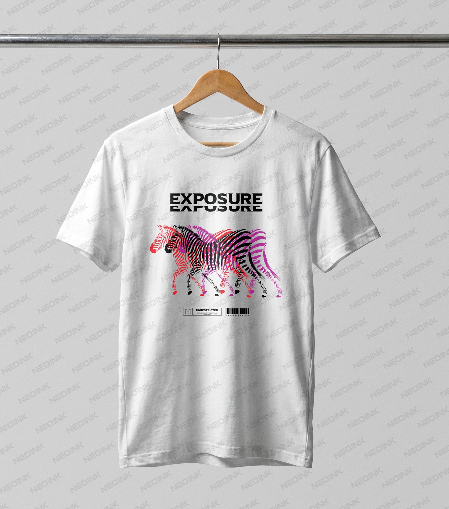 Vibrant overlapping zebras in red, black, and purple with Exposure typography, offered as premium DTF transfers ready to print on light streetwear.