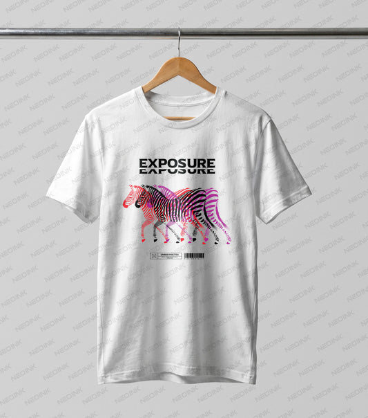 Vibrant overlapping zebras in red, black, and purple with Exposure typography, offered as premium DTF transfers ready to print on light streetwear.