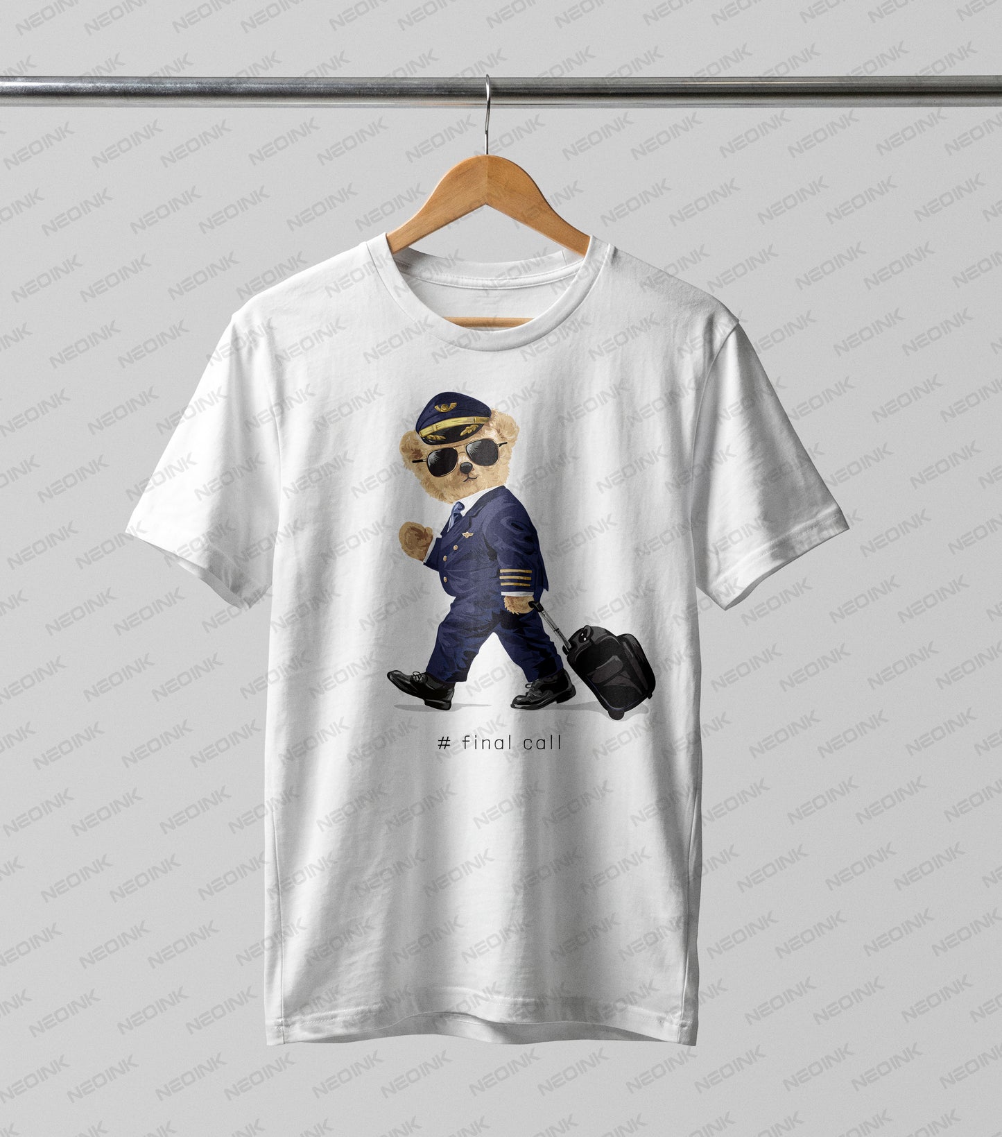 Sharp dressed teddy bear pilot rolling luggage through the terminal, making these clean DTF transfers ready to print for travel-inspired fashion.