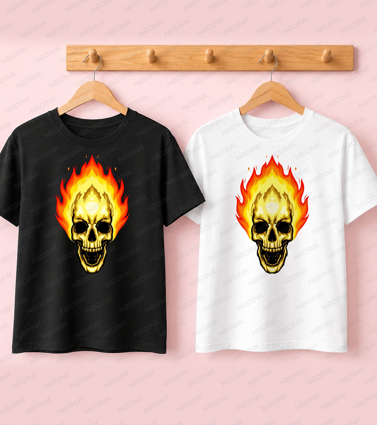 Classic hot rod style flaming skull completely engulfed in yellow fire, provided as intense DTF transfers ready to print for biker and streetwear.