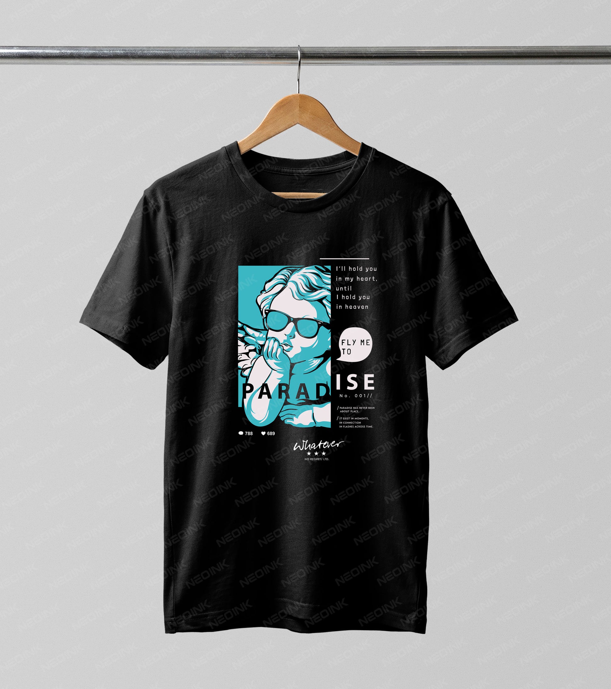 Pop-art blue cherub wearing sunglasses with edgy typography, perfectly set up as ready to print DTF transfers for crafting cool outfits.