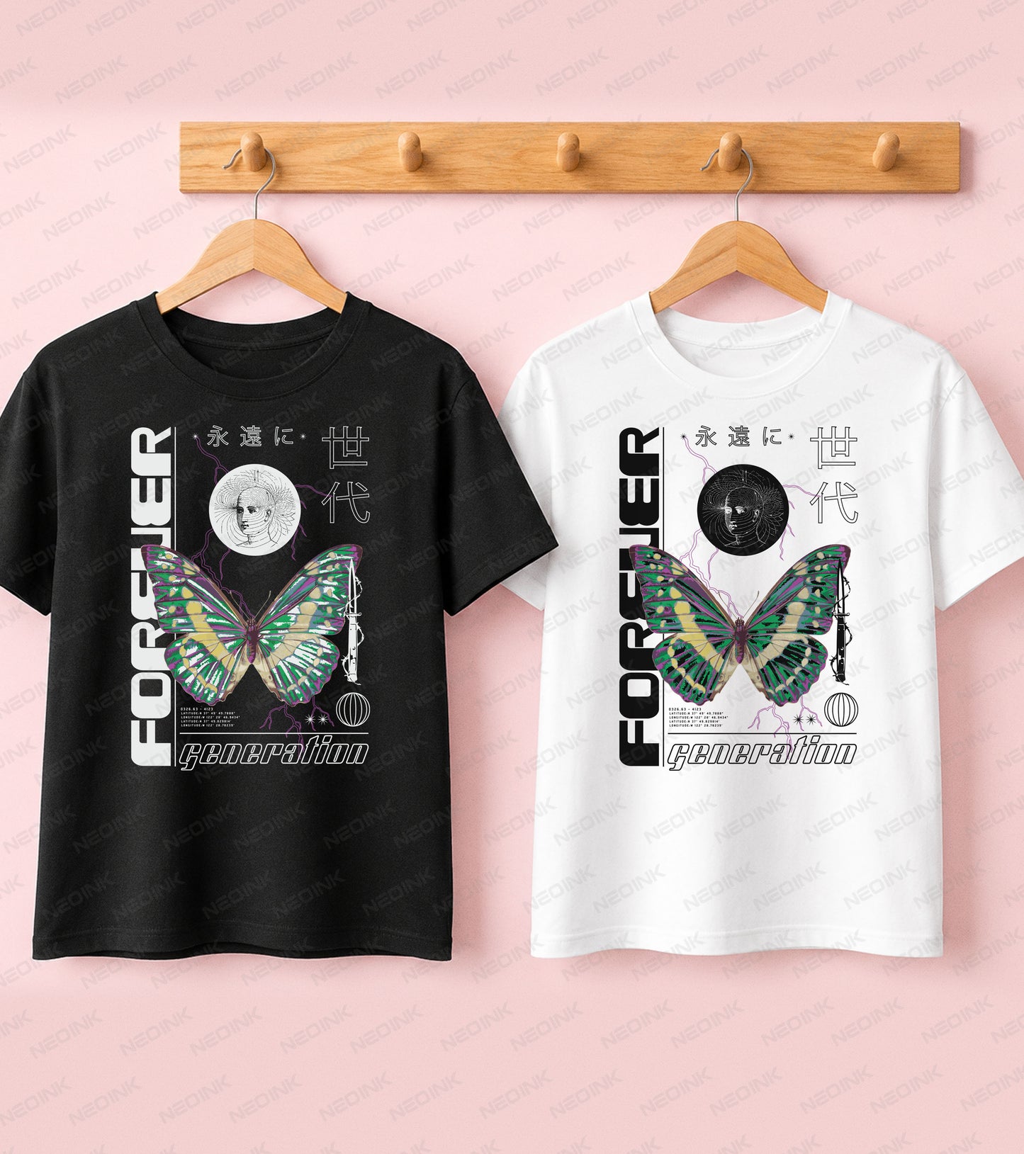Black t-shirt featuring a green and purple butterfly, Japanese typography, and lightning in a cyber-punk Good Vibes design.