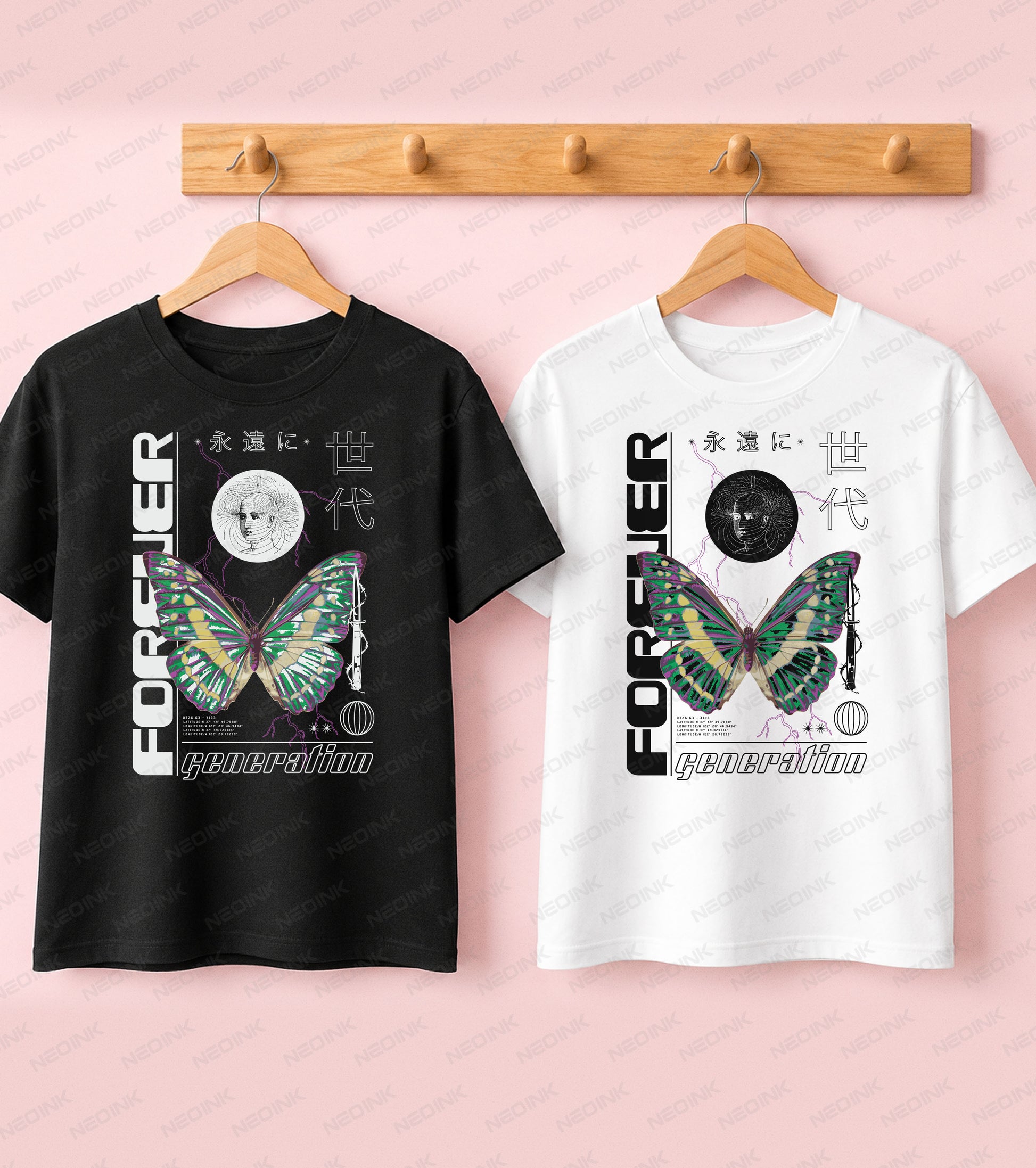 Black t-shirt featuring a green and purple butterfly, Japanese typography, and lightning in a cyber-punk Good Vibes design.