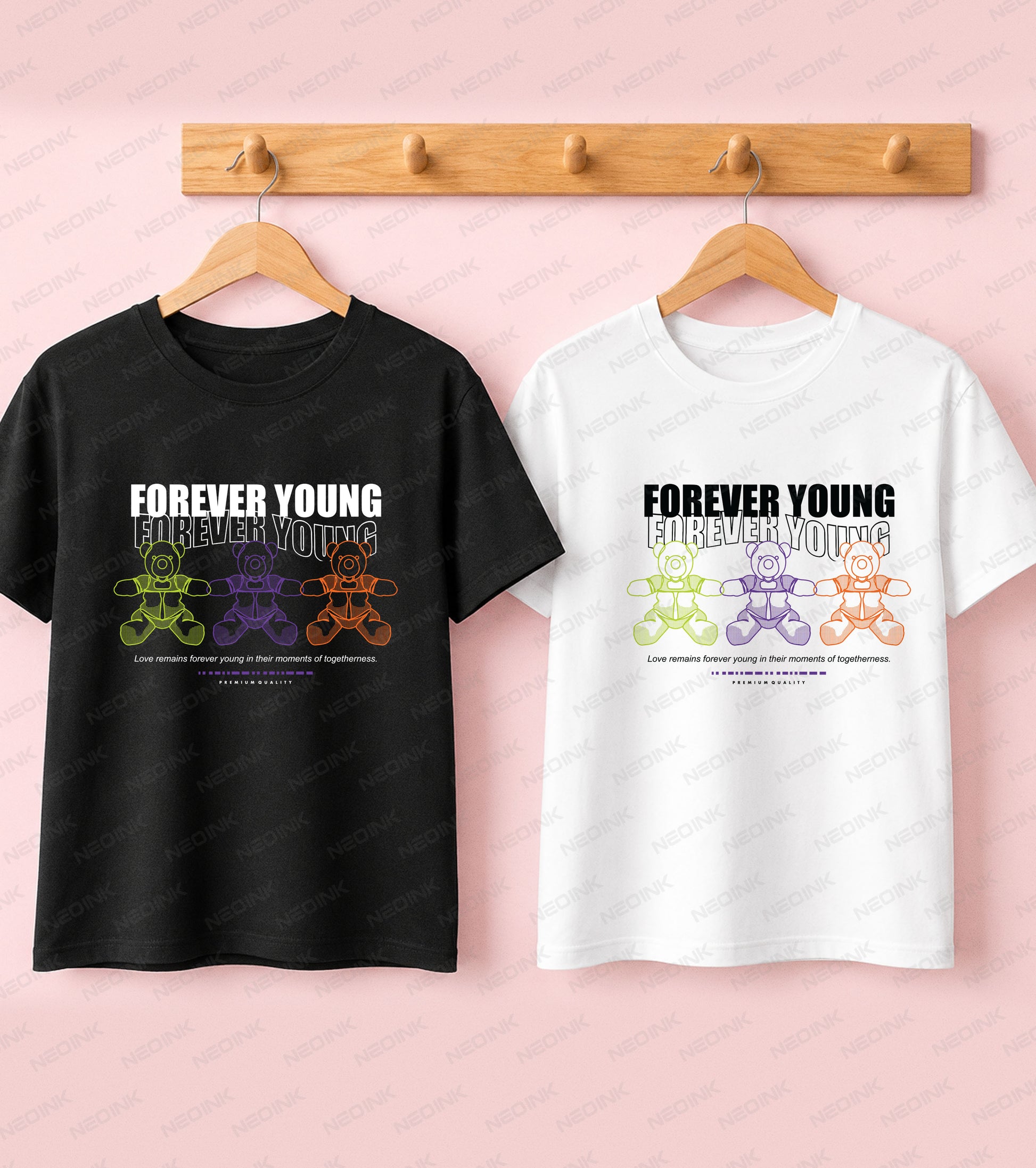 Black t-shirt featuring colorful neon wireframe teddy bears and Forever Young text in a retro Good Vibes streetwear style.