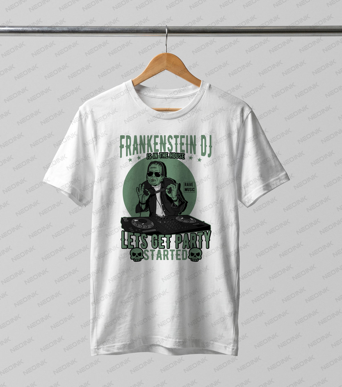 Frankenstein's monster wearing sunglasses and spinning tracks at a DJ turntable, provided as fun and edgy DTF transfers ready to print for parties.