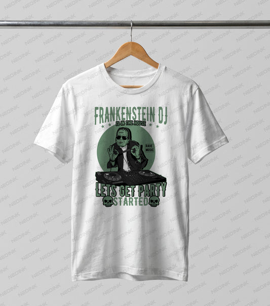 Frankenstein's monster wearing sunglasses and spinning tracks at a DJ turntable, provided as fun and edgy DTF transfers ready to print for parties.