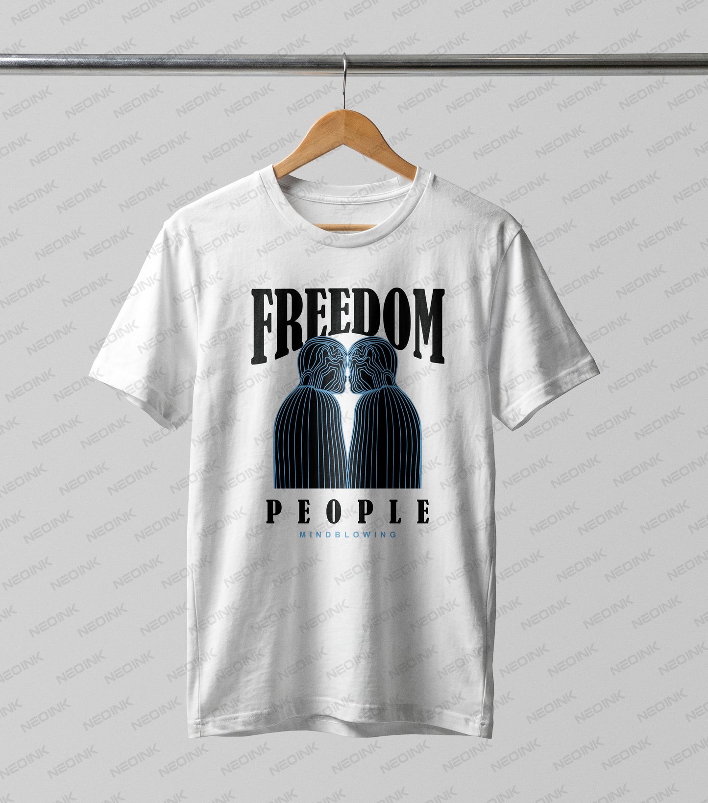Conceptual blue wireframe silhouettes facing each other under Freedom typography, designed as modern DTF transfers ready to print on aesthetic streetwear.