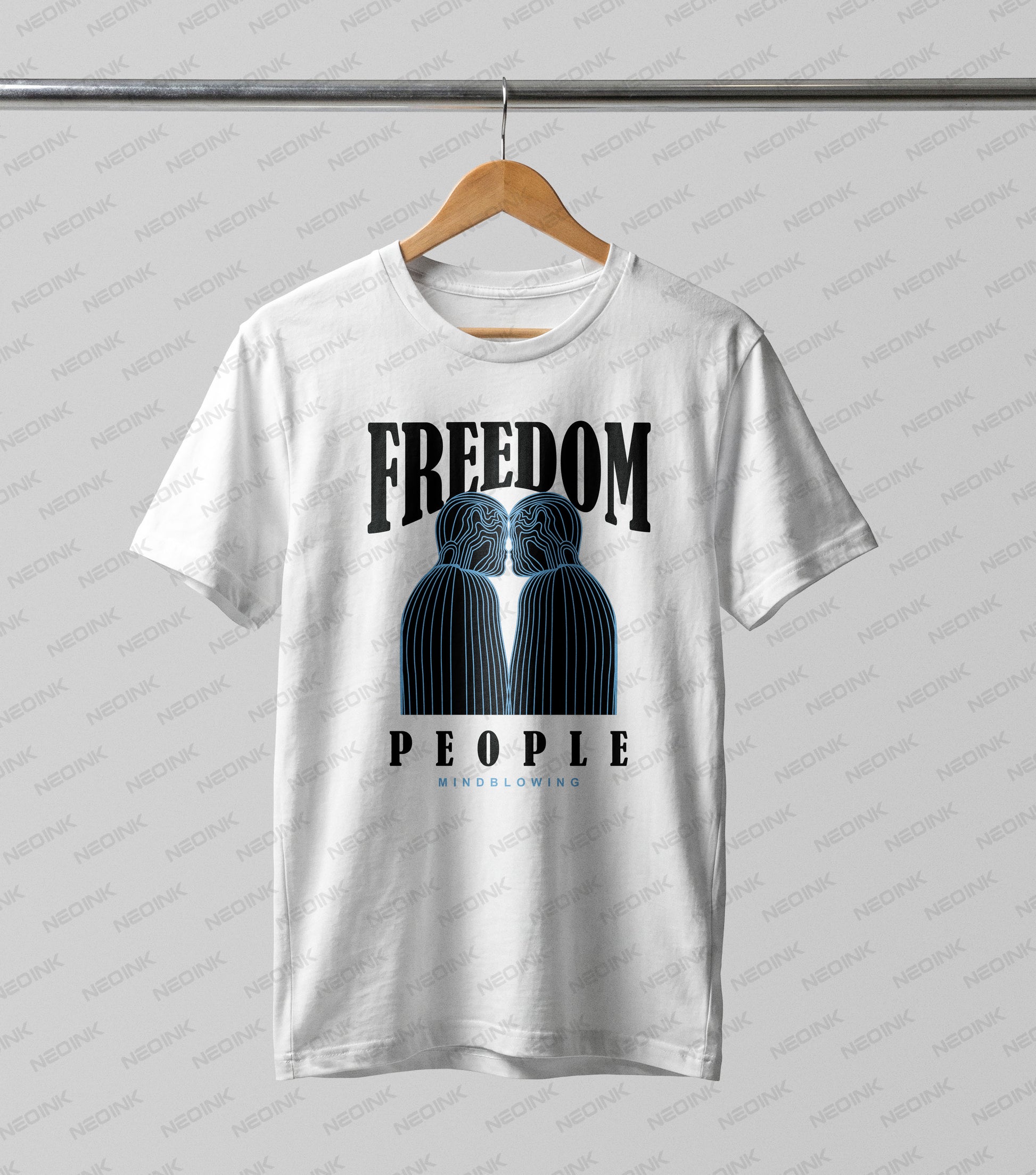 Conceptual blue wireframe silhouettes facing each other under Freedom typography, designed as modern DTF transfers ready to print on aesthetic streetwear.
