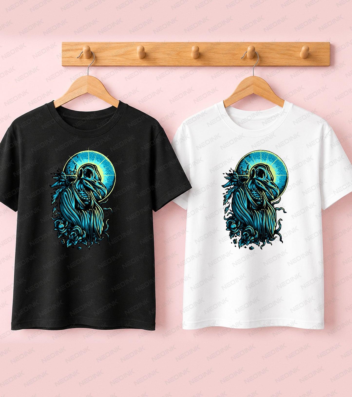 Eerie raven skull with a blue glowing halo and dark roses, utilizing top-tier DTF transfers ready to print for your gothic aesthetic fashion.