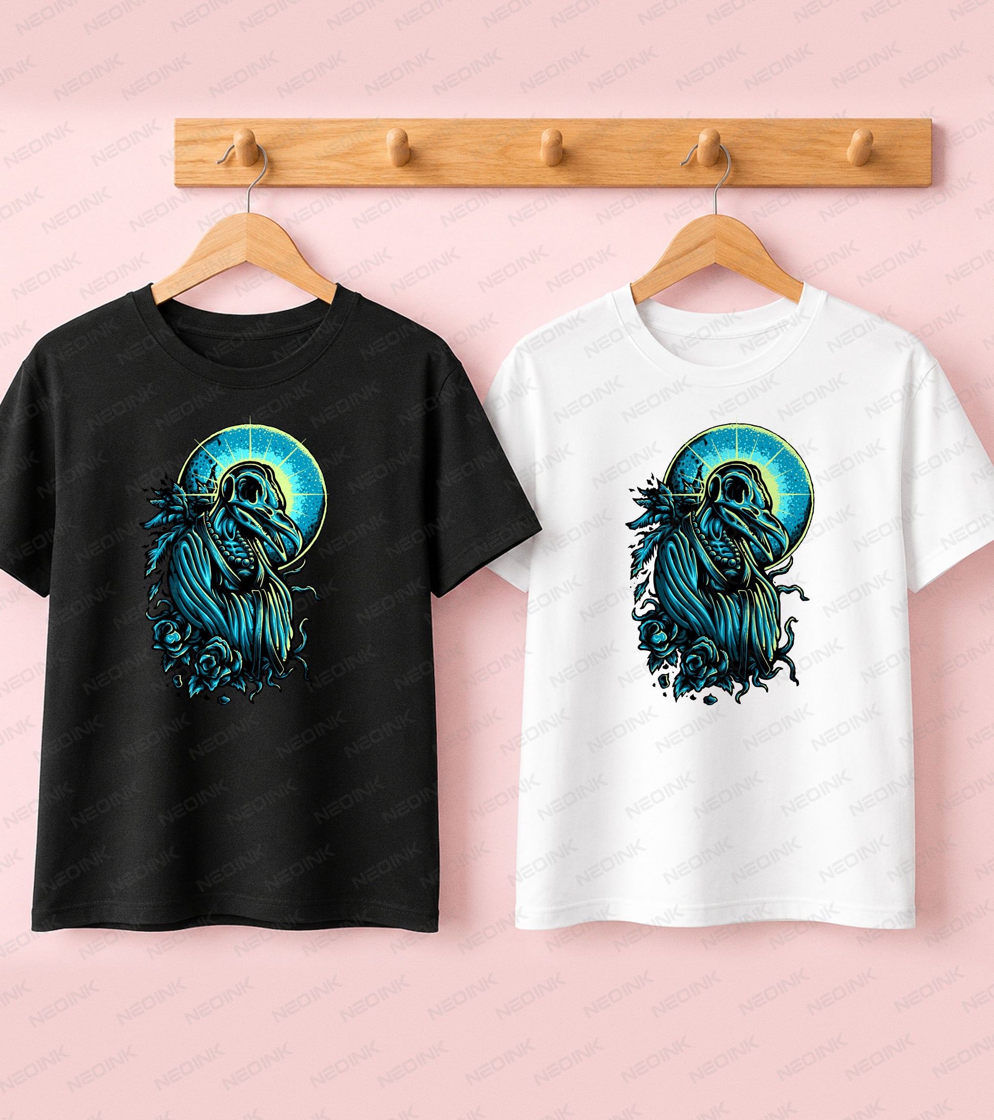 Eerie raven skull with a blue glowing halo and dark roses, utilizing top-tier DTF transfers ready to print for your gothic aesthetic fashion.