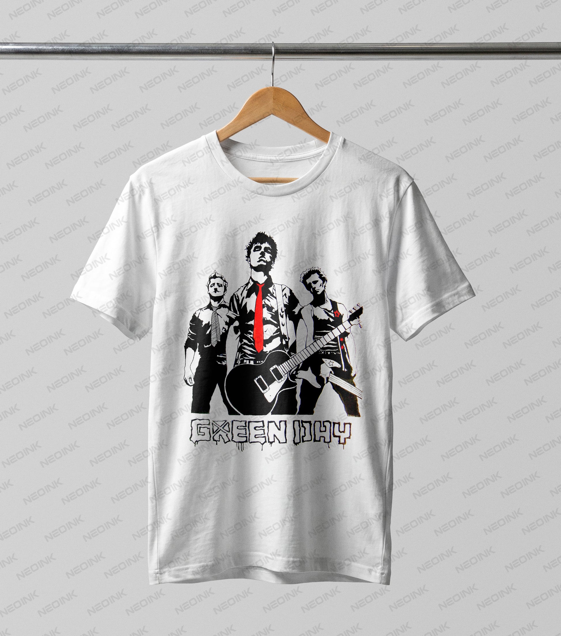 Green Day band portrait Halftone DTF transfer. Tailored for white and light-colored garments, this high-contrast design features the iconic trio with a striking pop of color on the red tie, finished with a retro Halftone dot pattern.