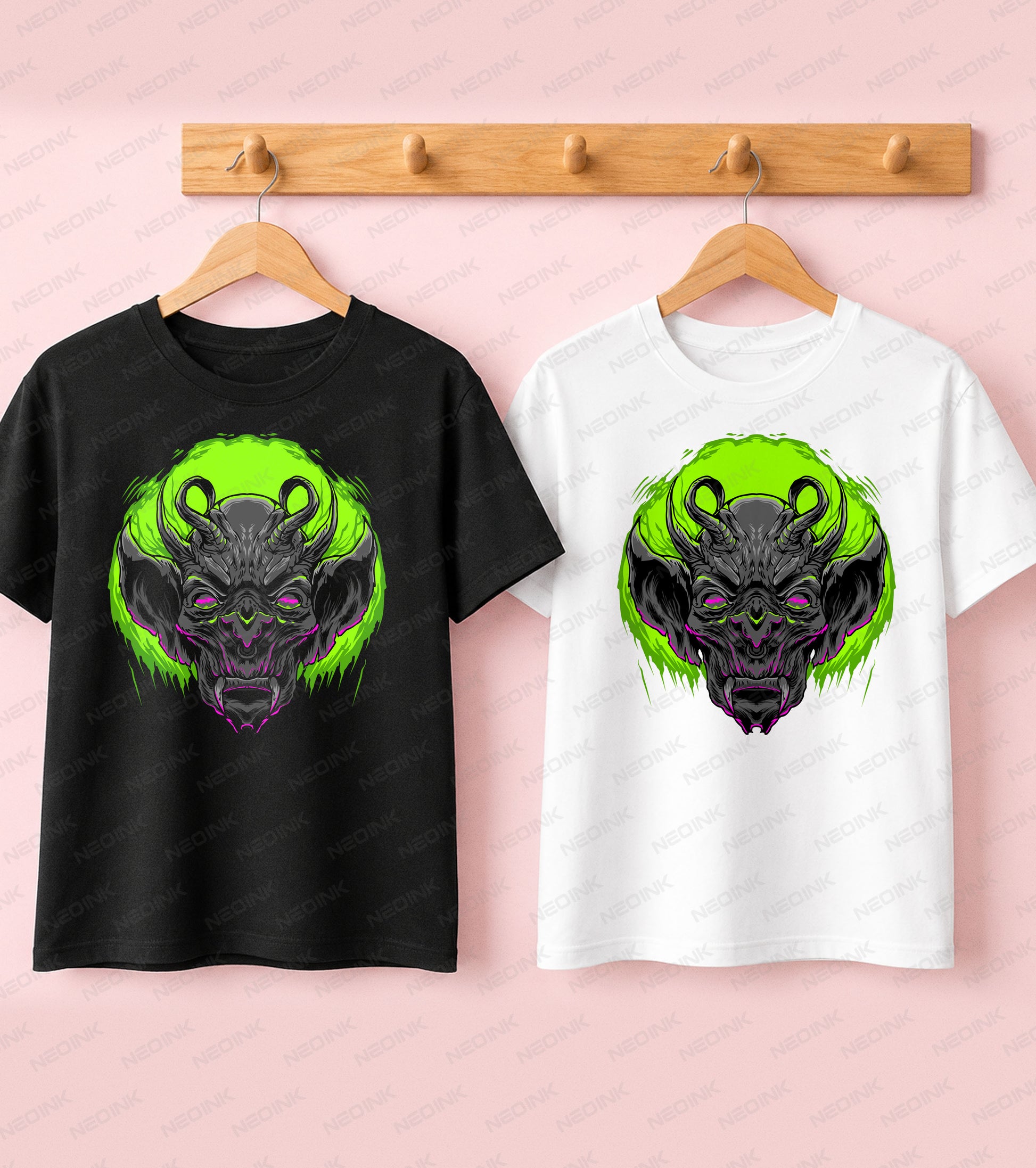 Creepy horned demon face with neon green and purple accents, beautifully prepared as DTF transfers ready to print for horror fans.