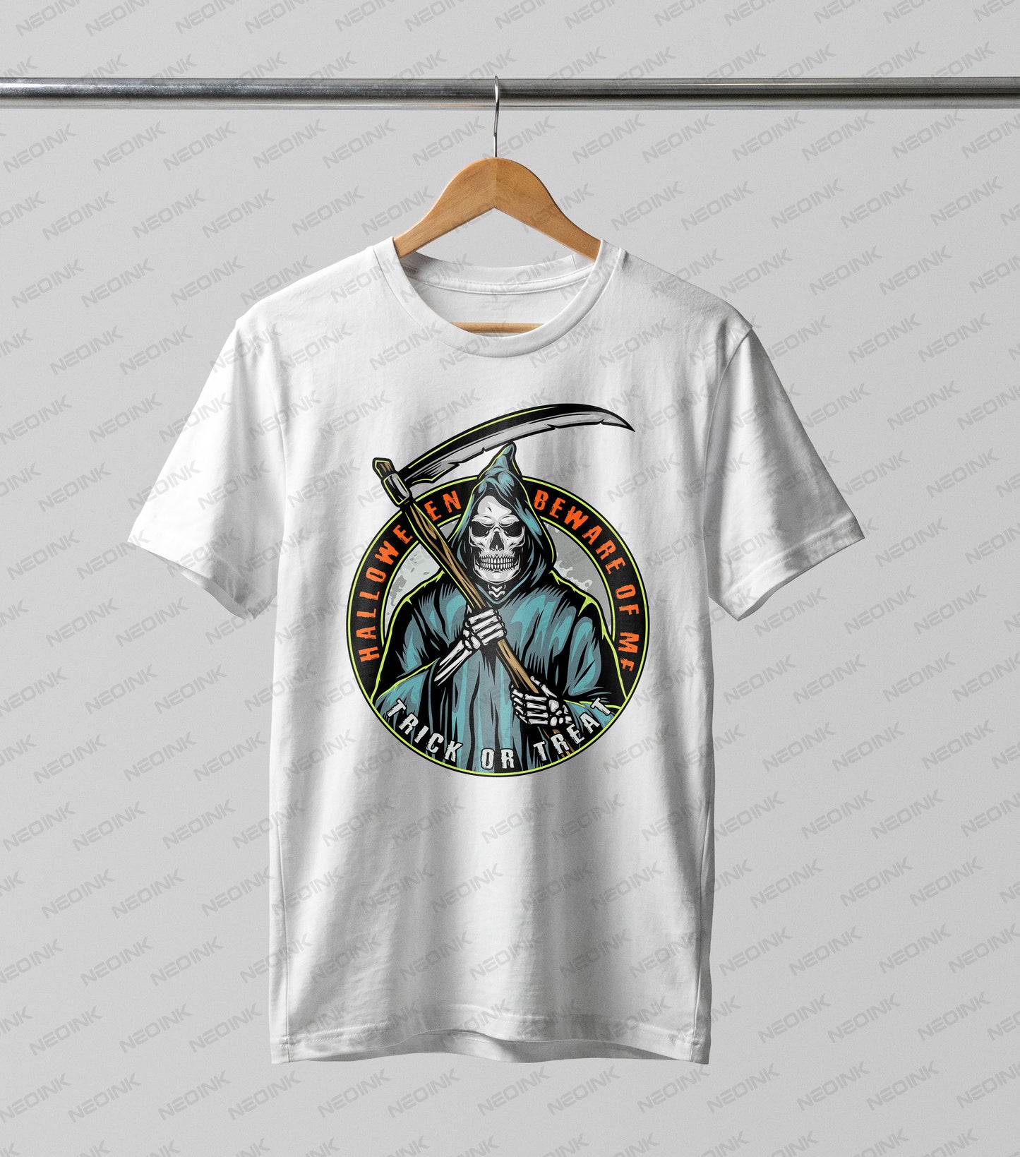 hooded skeleton wielding a traditional scythe, framed within a bold circular badge featuring the warning "Halloween Beware of Me" and "Trick or Treat".