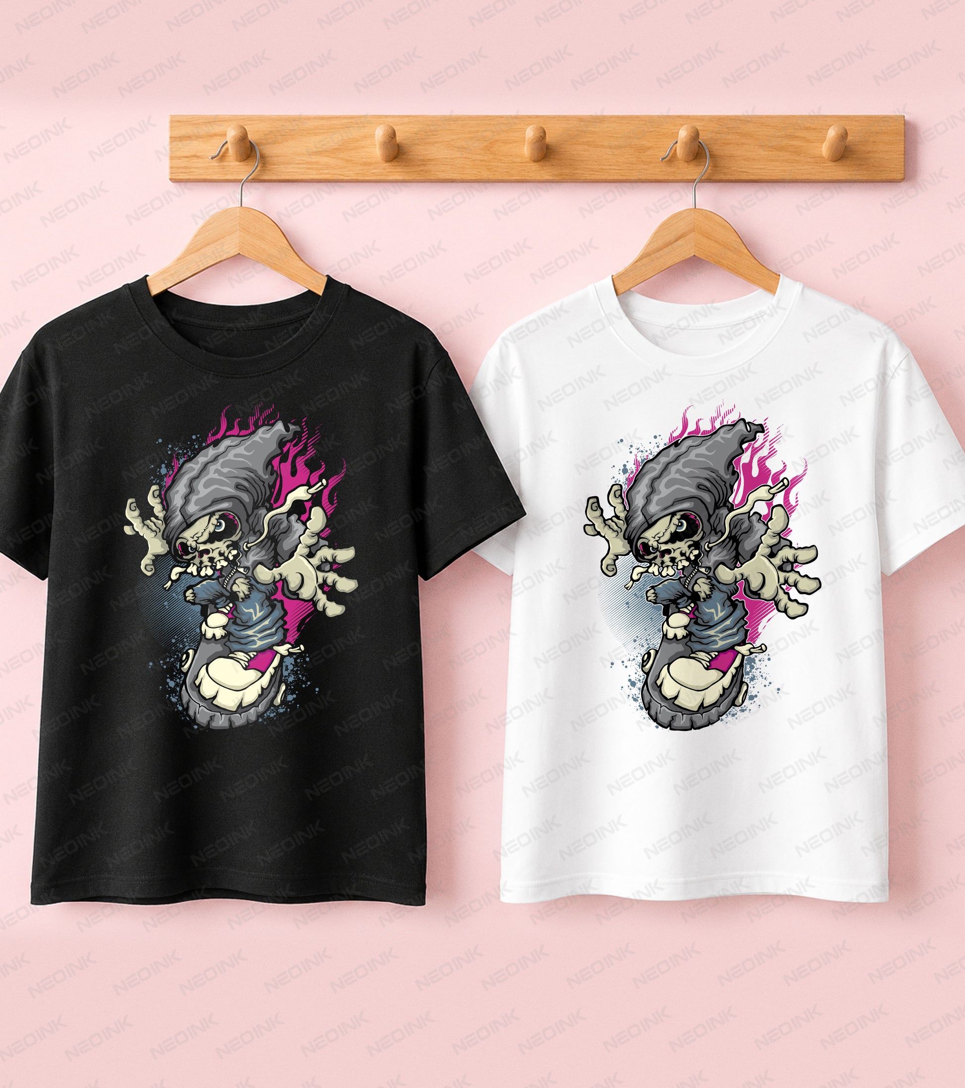 Rad skeleton grim reaper shredding on a snowboard with purple flames, available as high-energy DTF transfers ready to print for extreme sports apparel.