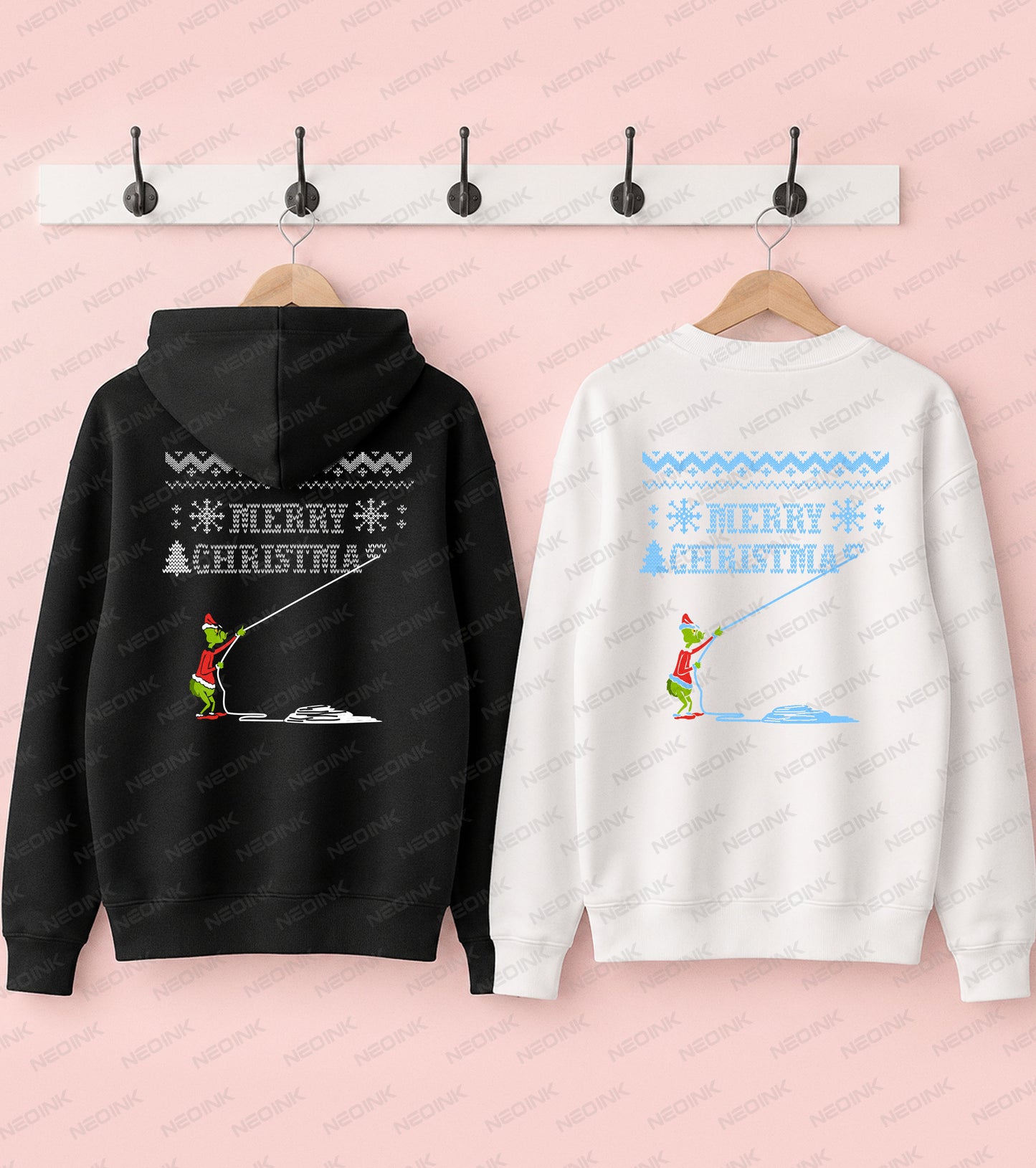 Mischievous green Grinch character pulling apart a Merry Christmas sweater design, ready to print for holiday apparel with DTF transfers.