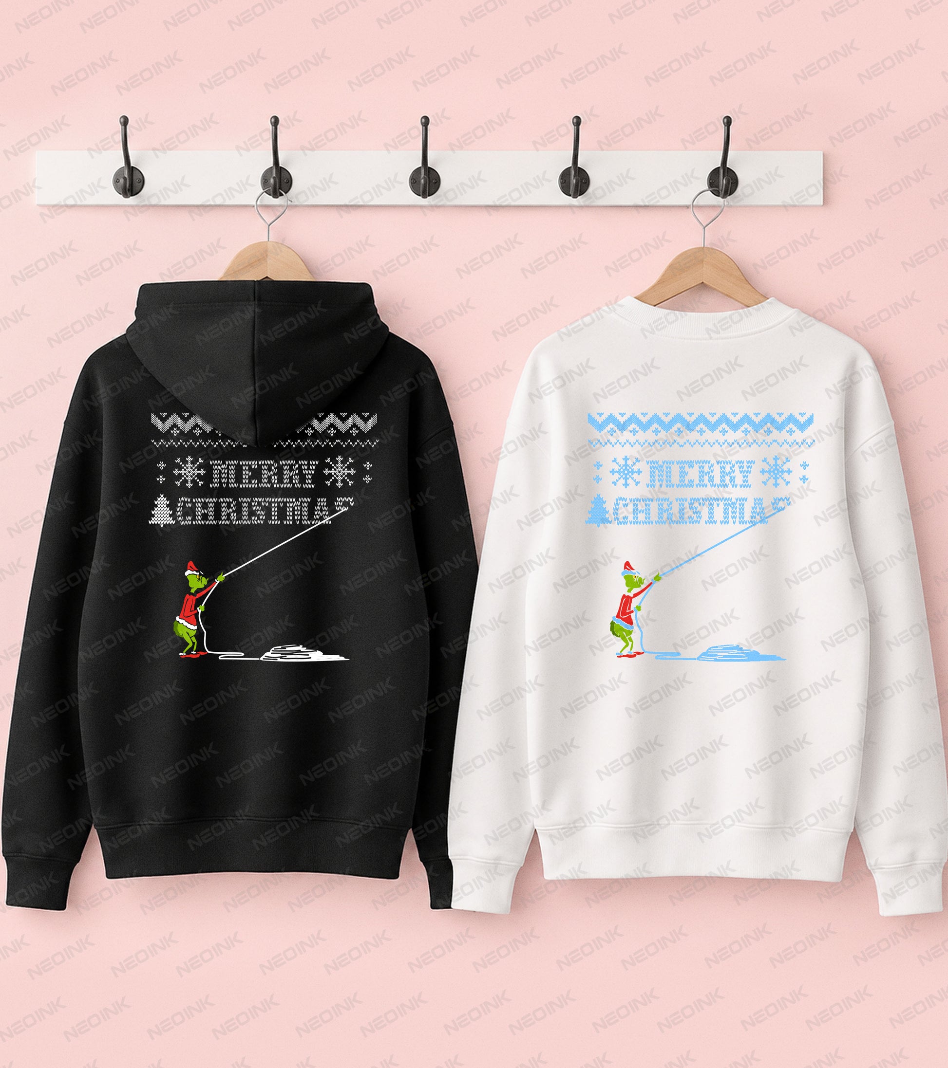 Mischievous green Grinch character pulling apart a Merry Christmas sweater design, ready to print for holiday apparel with DTF transfers.