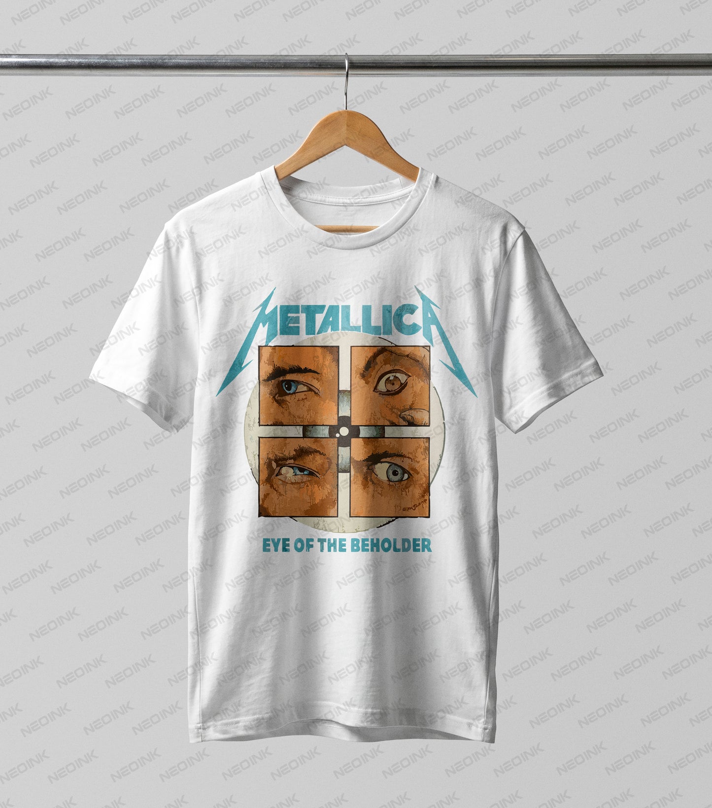 Classic 80s heavy metal album art style featuring a grid of intense eyes, offered as ready to print DTF transfers ideal for vintage band apparel.