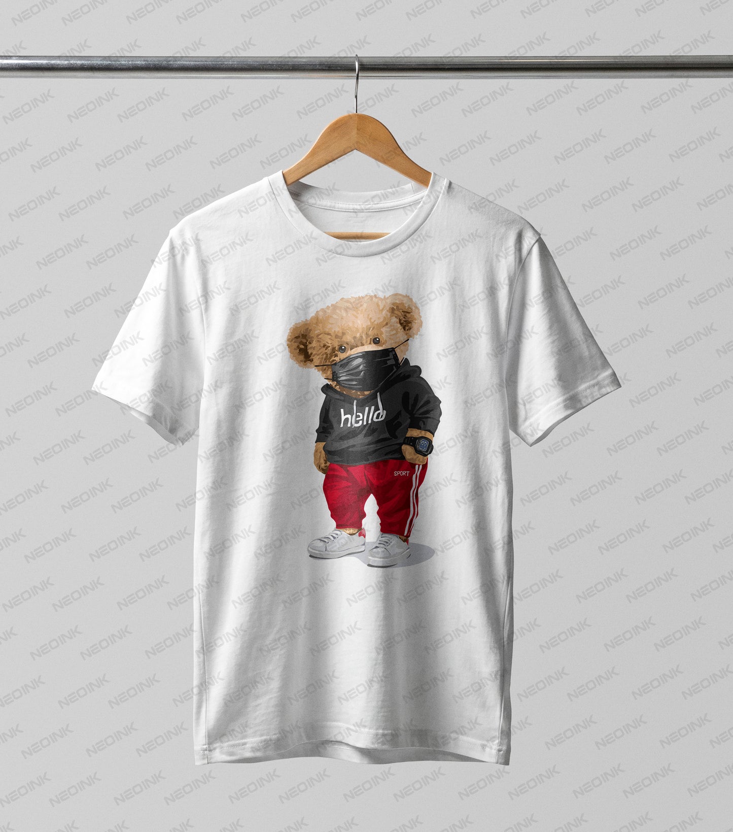 Hypebeast teddy bear wearing a black mask and a hello hoodie, provided as premium DTF transfers completely ready to print on casual white hoodies.