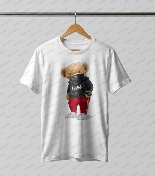 Hypebeast teddy bear wearing a black mask and a hello hoodie, provided as premium DTF transfers completely ready to print on casual white hoodies.