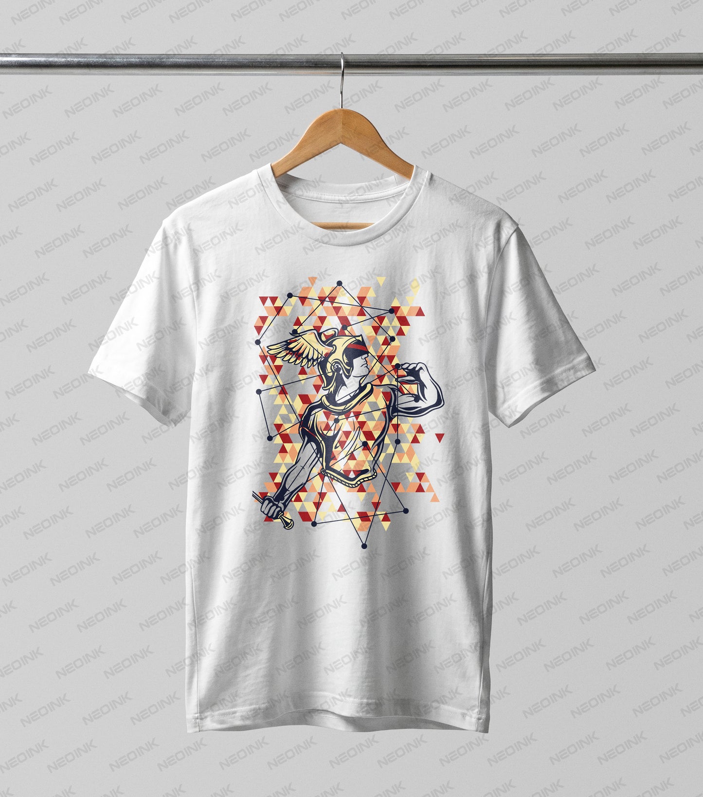 Dynamic Greek god Hermes flexing against a red and yellow geometric background, available as vivid DTF transfers completely ready to print for gym wear.