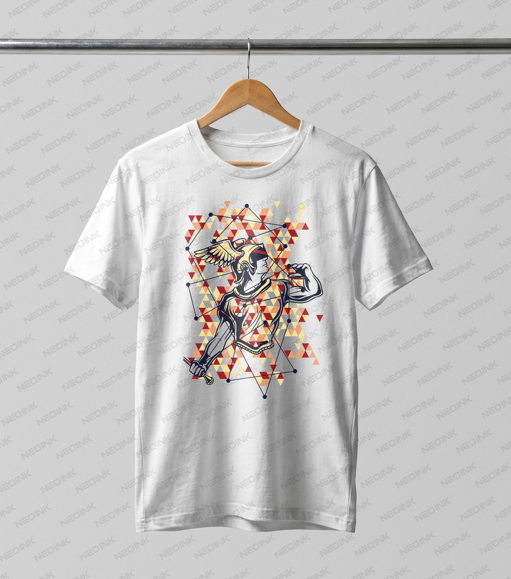 Dynamic Greek god Hermes flexing against a red and yellow geometric background, available as vivid DTF transfers completely ready to print for gym wear.