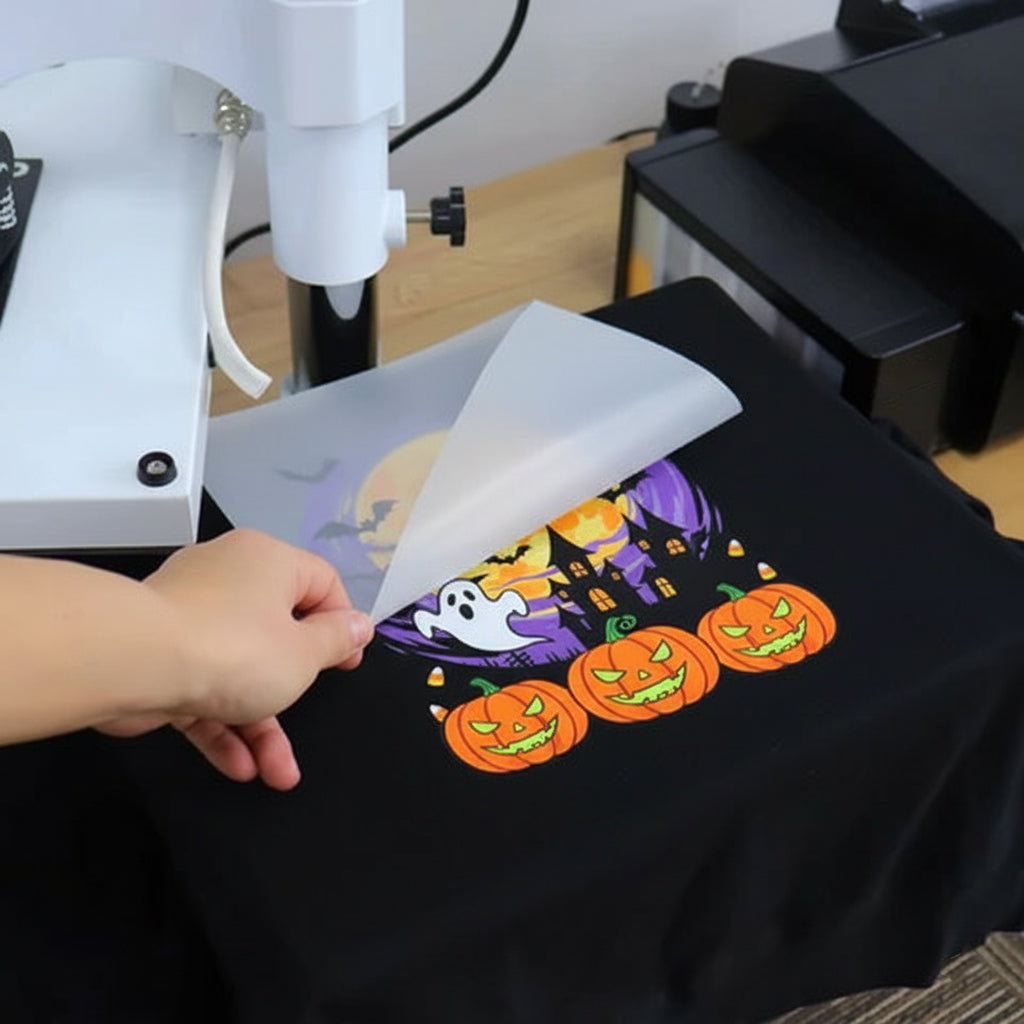 Hot peel DTF transfer being applied to a t-shirt, demonstrating a quick, professional finish.