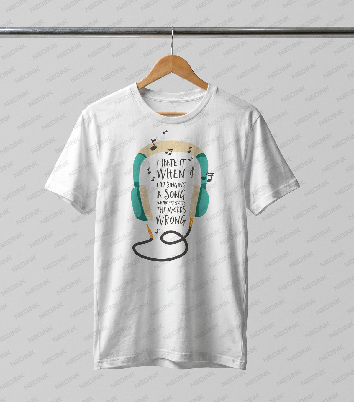 Teal headphones with a funny relatable quote about singing the wrong lyrics, designed as clean DTF transfers ready to print for casual wear.