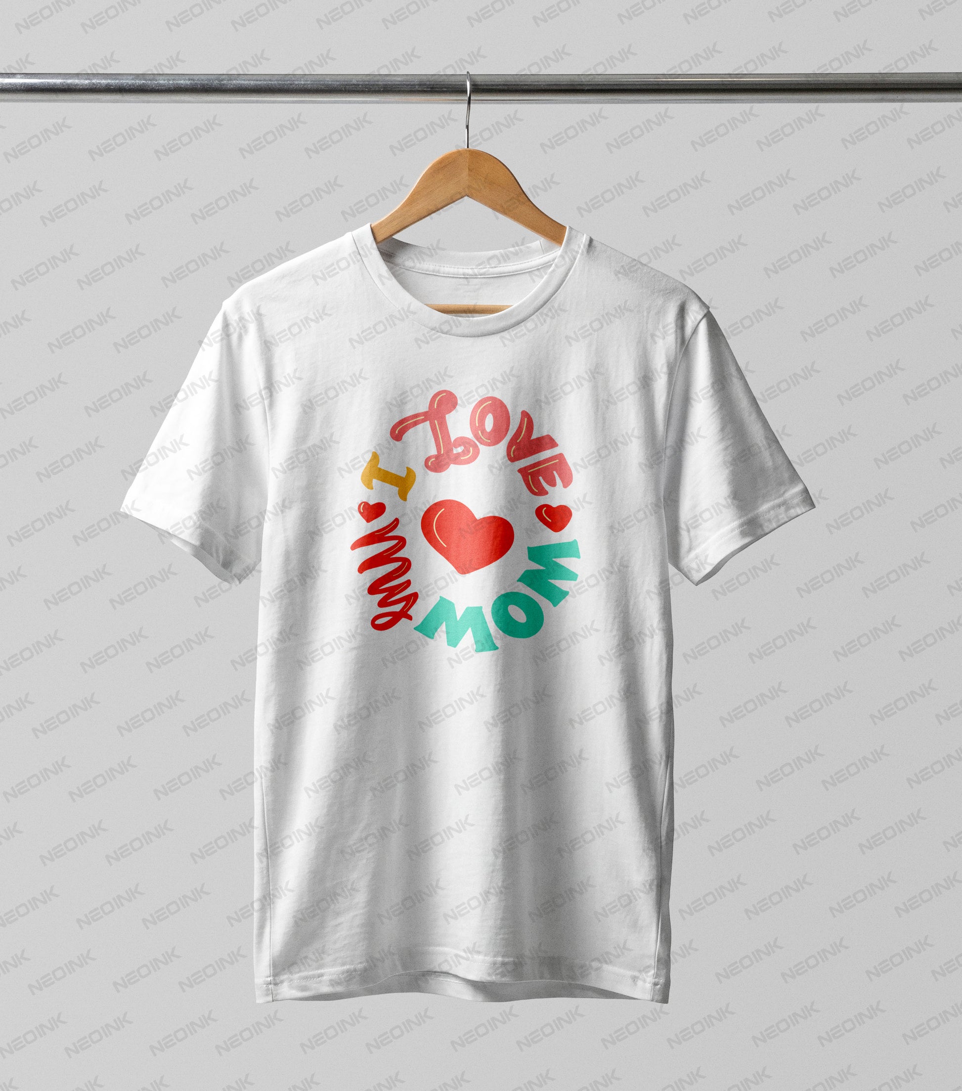 Cheerful circular retro typography spelling "I Love My Mom" around a red heart, making these bright DTF transfers ready to print for colorful apparel.