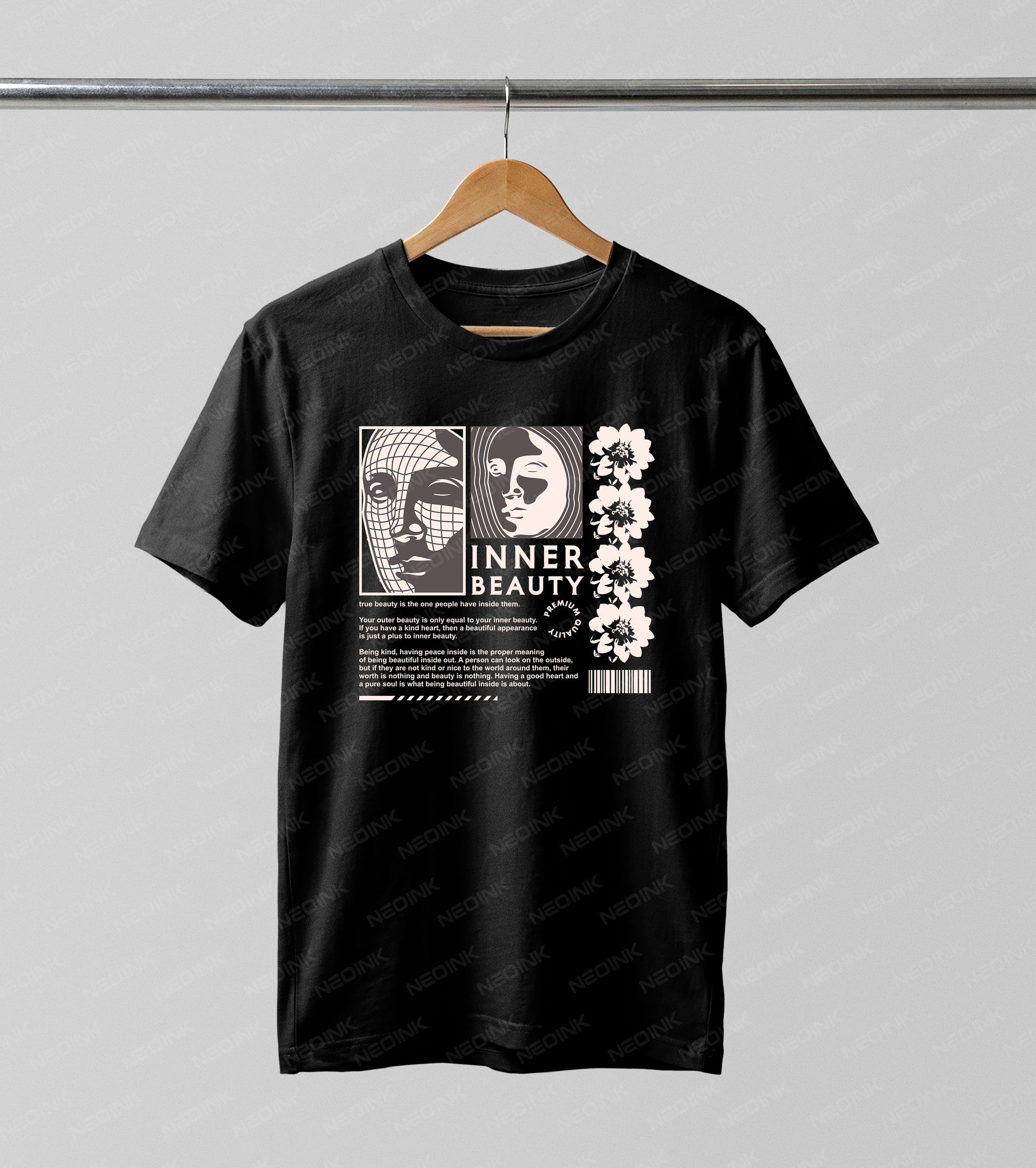 Modern wireframe and abstract face graphic with "Inner Beauty" text, supplied as ready to print DTF transfers for stylish dark garments.