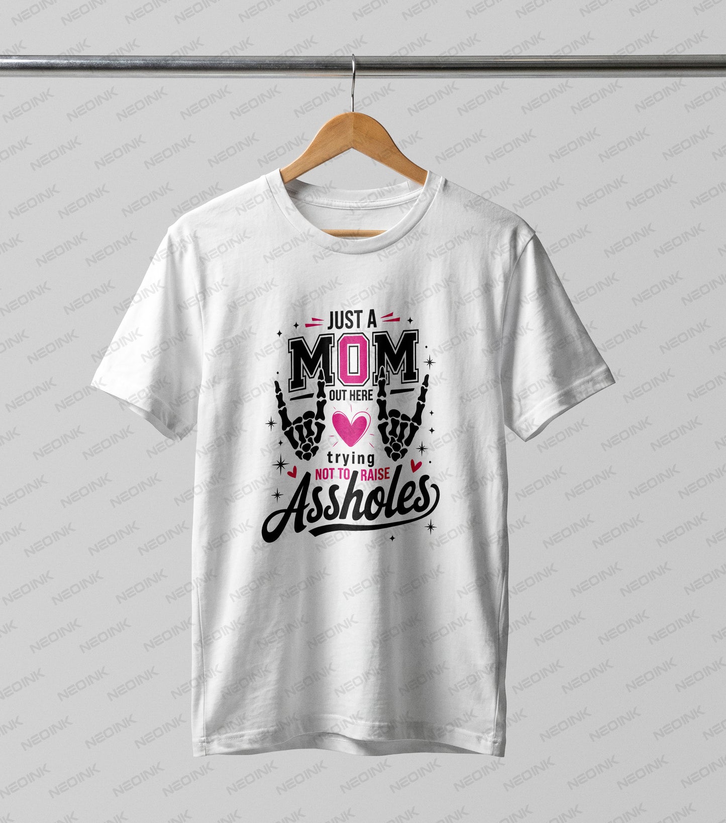 Hilarious and edgy skeleton hand design for moms keeping it real, offered as high-quality DTF transfers that are completely ready to print.