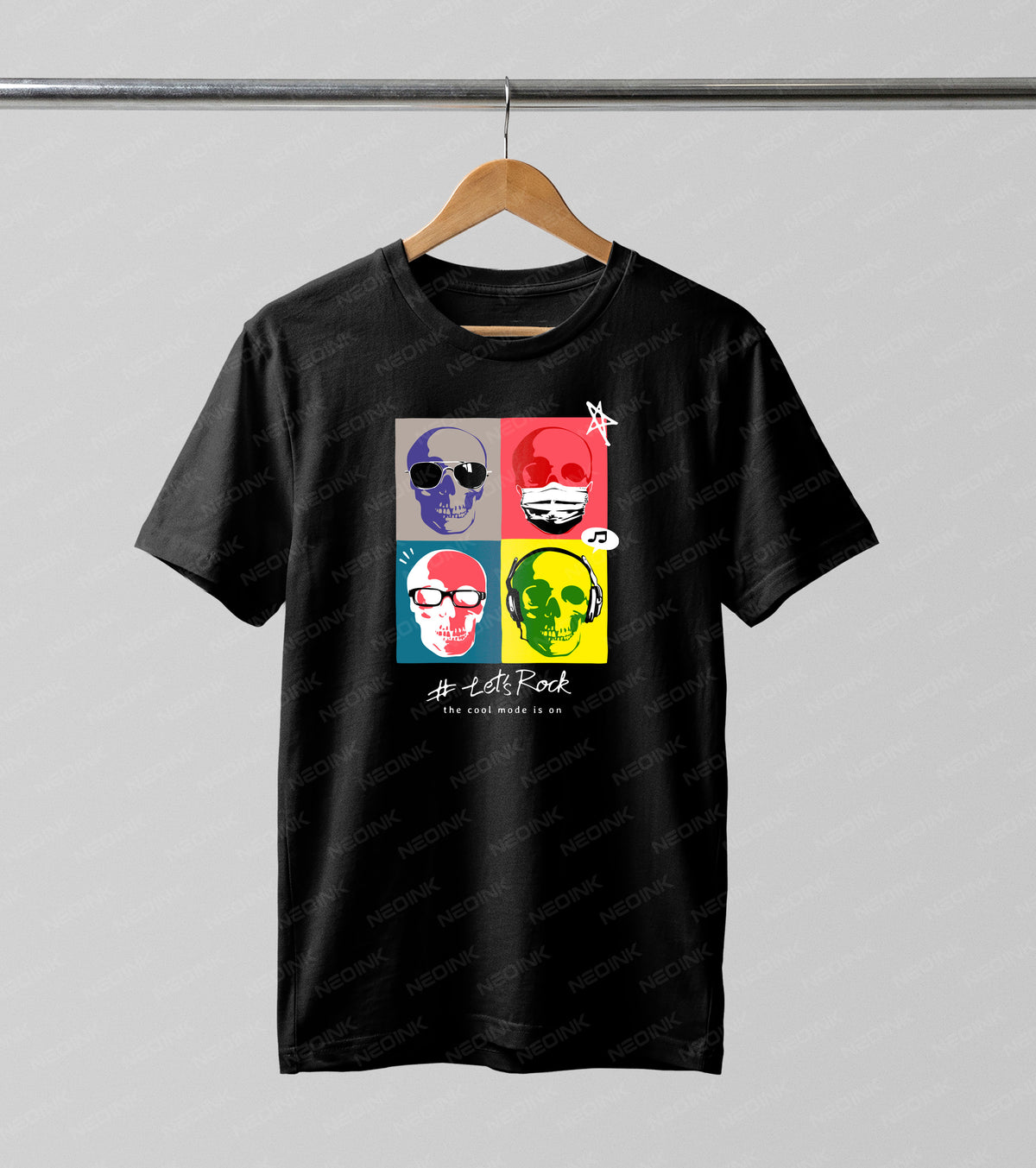 Retro 90s pop-art grid of colorful skulls wearing sunglasses and masks, perfectly set up as vibrant DTF transfers ready to print on dark streetwear.
