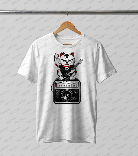 Cool Japanese Maneki-neko lucky cat shredding an electric guitar on an amp, beautifully prepared as DTF transfers ready to print for urban fashion.