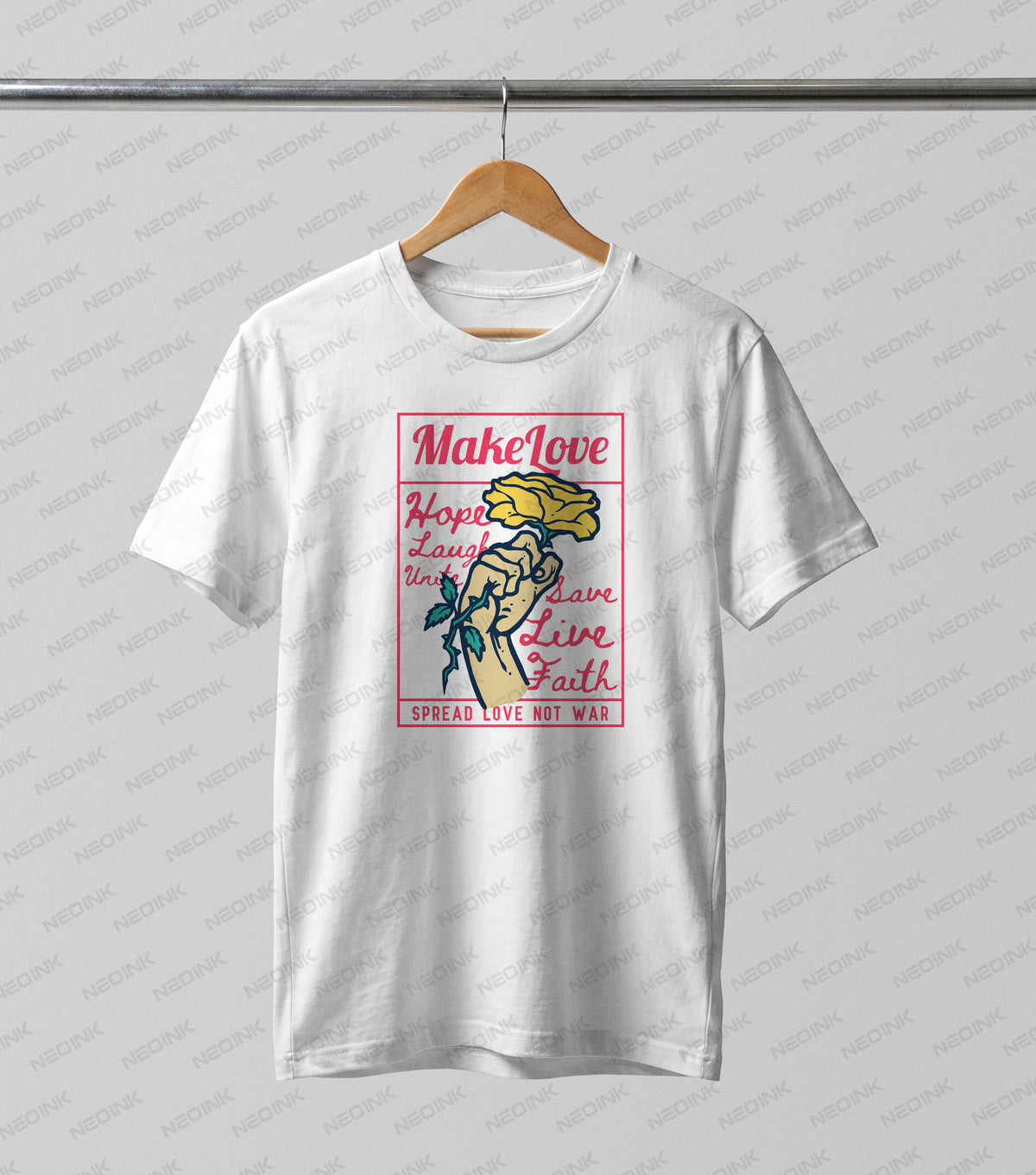 Artistic hand holding a yellow rose framed by inspiring positive words, beautifully prepared as DTF transfers ready to print for peaceful streetwear.