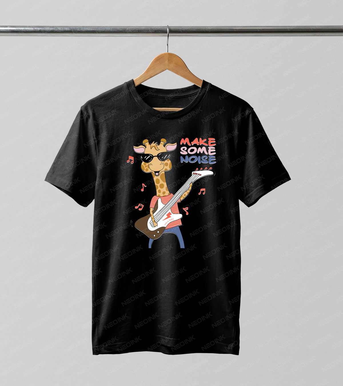 Cool giraffe wearing sunglasses and playing an electric bass guitar, utilizing top-tier DTF transfers so they arrive ready to print on dark tops.
