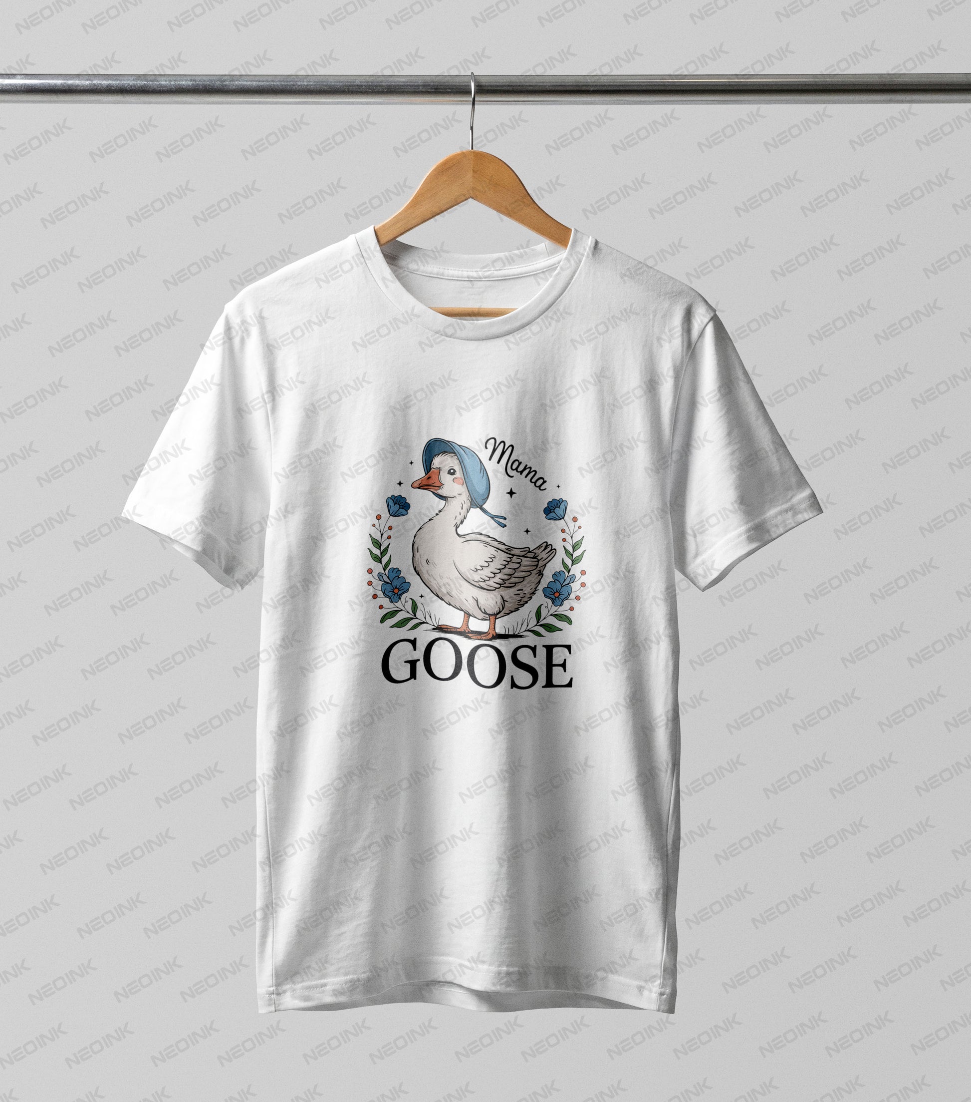 A charming cottagecore goose wearing a blue bonnet, beautifully detailed on DTF transfers that arrive ready to print for sweet custom outfits.