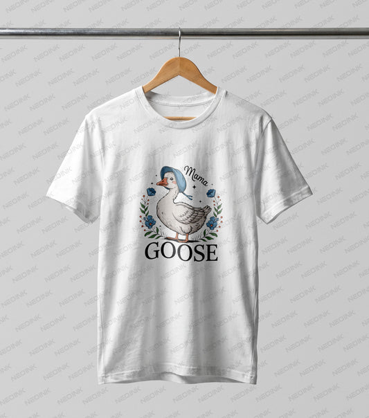 A charming cottagecore goose wearing a blue bonnet, beautifully detailed on DTF transfers that arrive ready to print for sweet custom outfits.