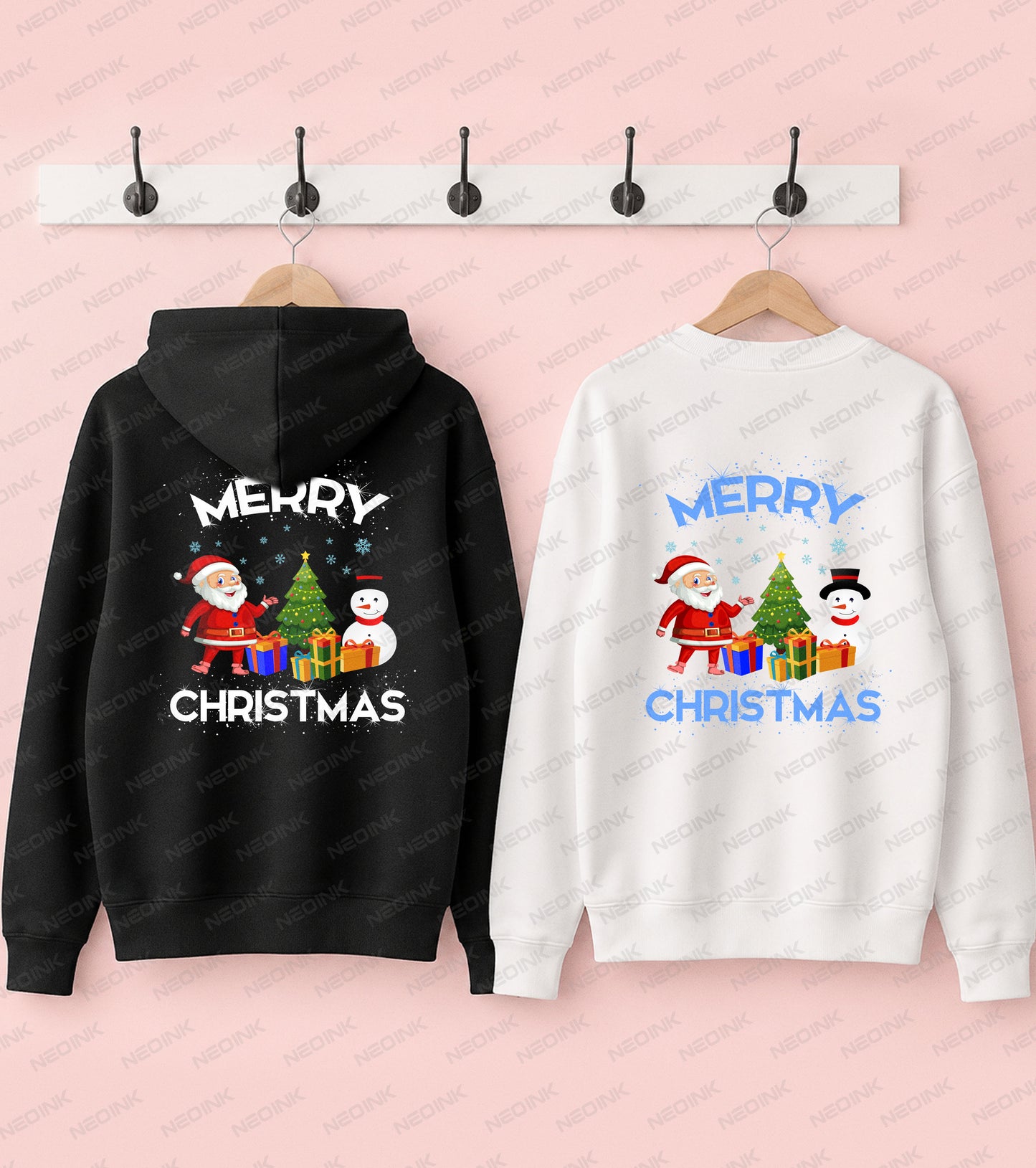Merry Christmas DTF transfer featuring Santa Claus, a snowman, Christmas tree, and colorful presents with festive snowflake accents
