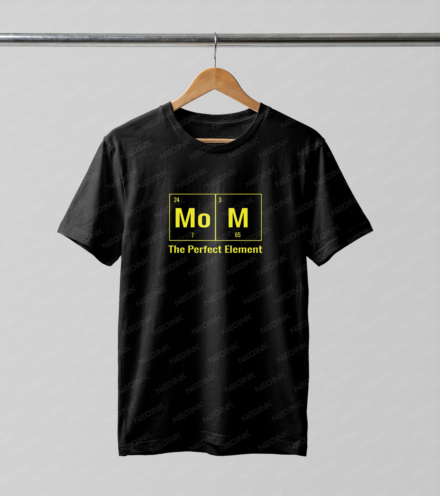 Geeky science-themed periodic table square reading "MoM The Perfect Element," provided as ready to print DTF transfers for crafting clever custom apparel.