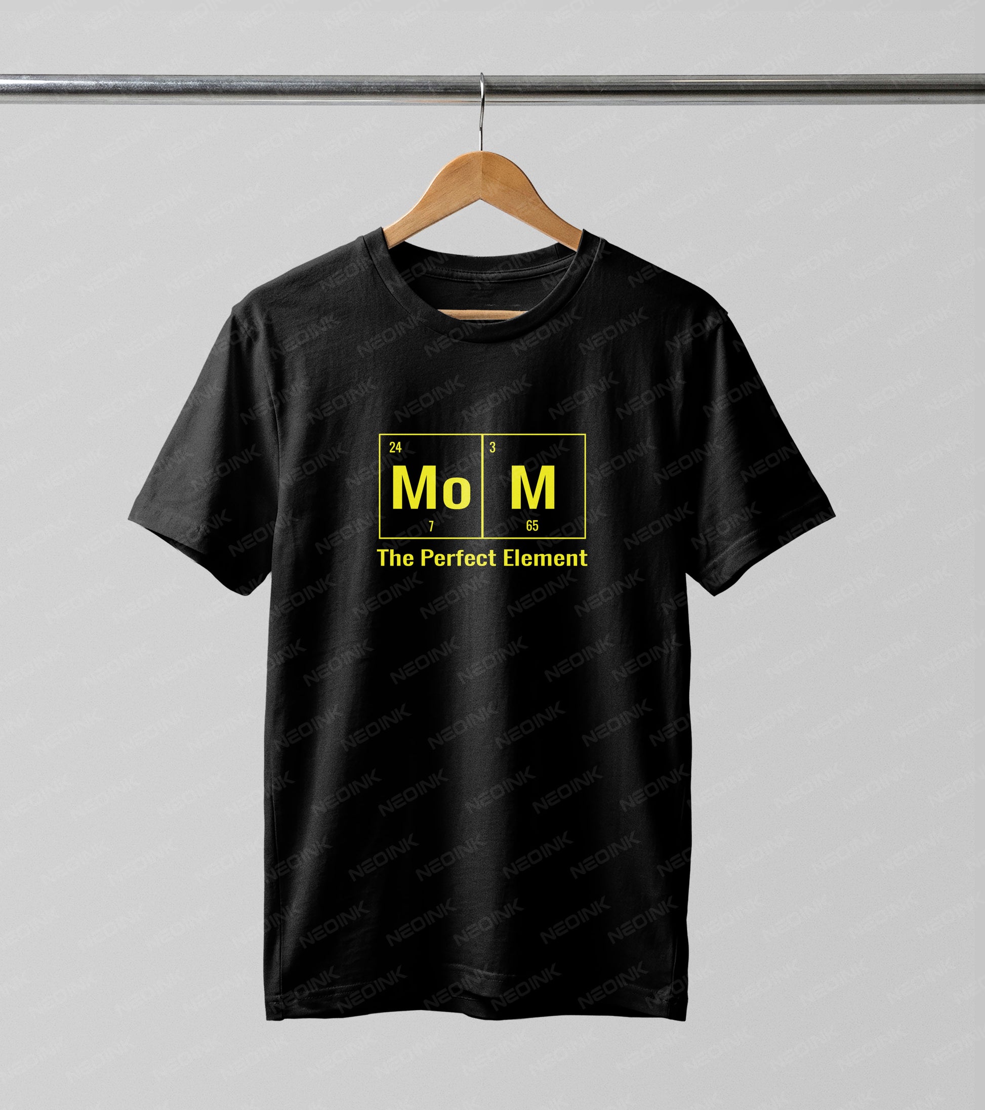 Geeky science-themed periodic table square reading "MoM The Perfect Element," provided as ready to print DTF transfers for crafting clever custom apparel.