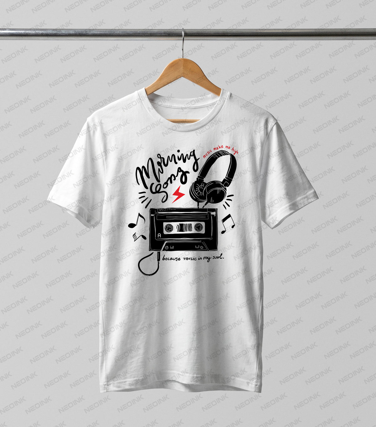 Classic cassette tape plugged into headphones with an uplifting quote, offered as detailed DTF transfers ready to print on light streetwear.