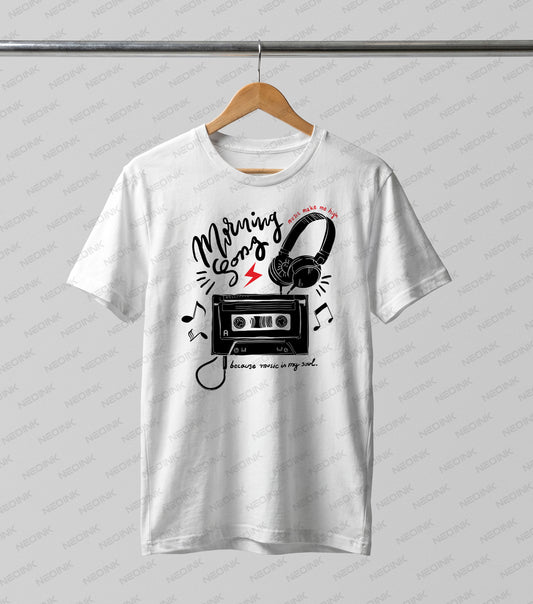 Classic cassette tape plugged into headphones with an uplifting quote, offered as detailed DTF transfers ready to print on light streetwear.
