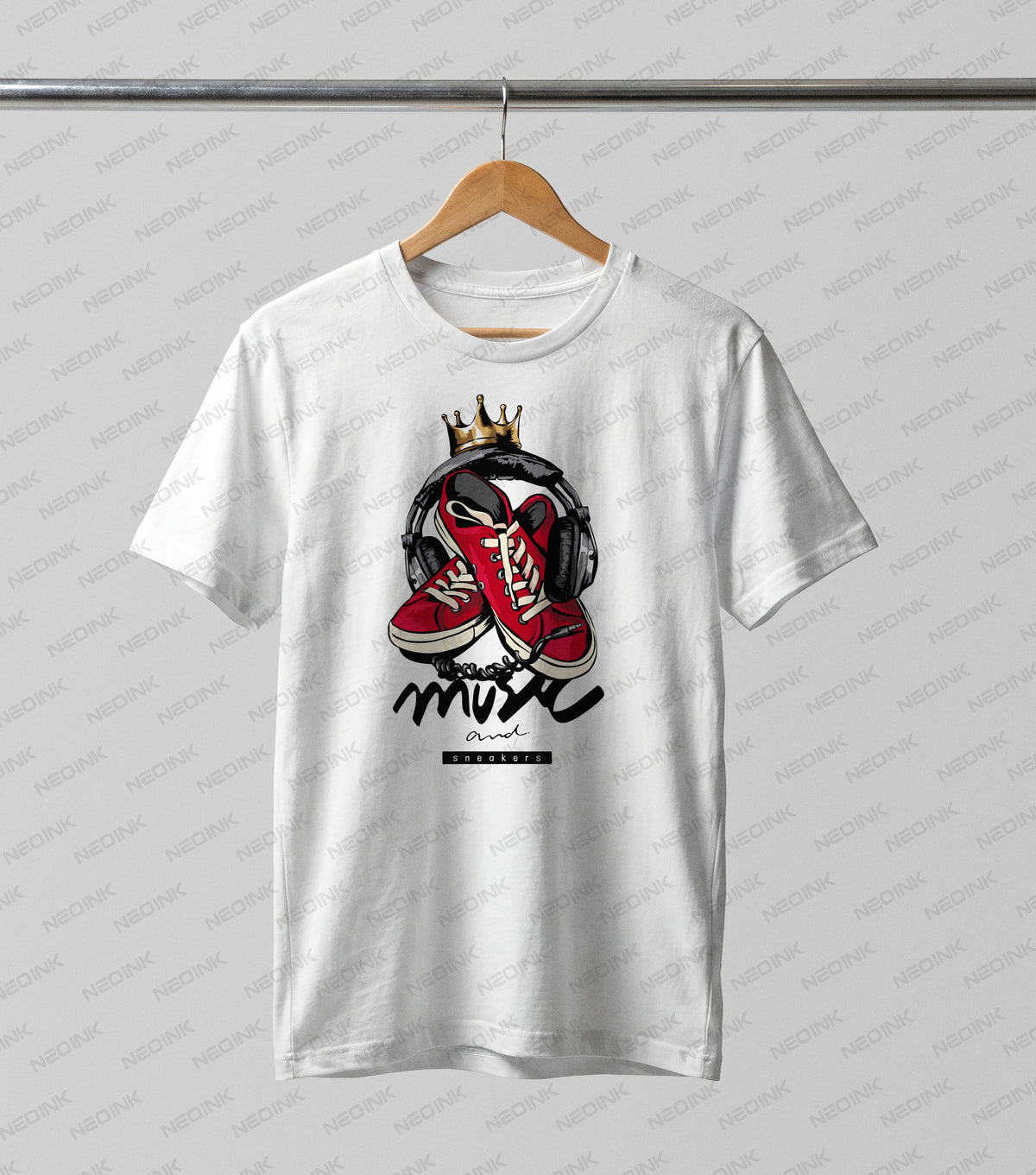Classic red high-top sneakers tangled in black headphones with a gold crown, supplied as fresh DTF transfers completely ready to print for sneakerheads.
