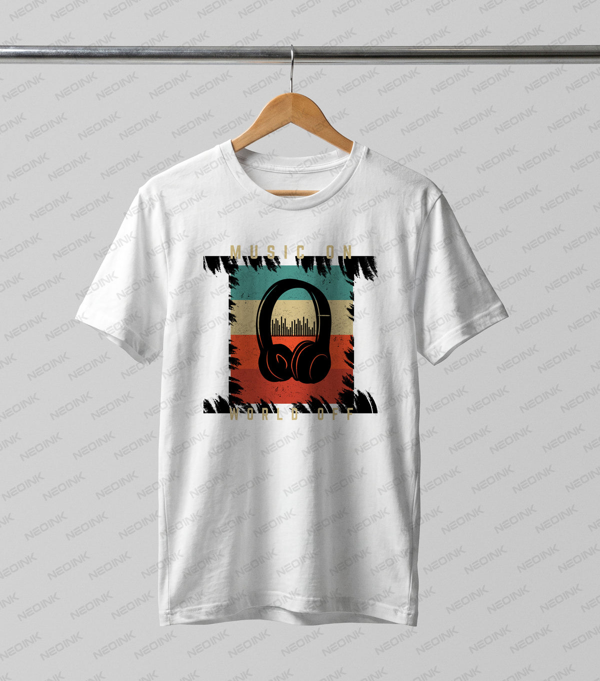 Silhouette of black headphones over a distressed retro multi-colored sunset, making these chill DTF transfers ready to print for vintage aesthetic clothing.