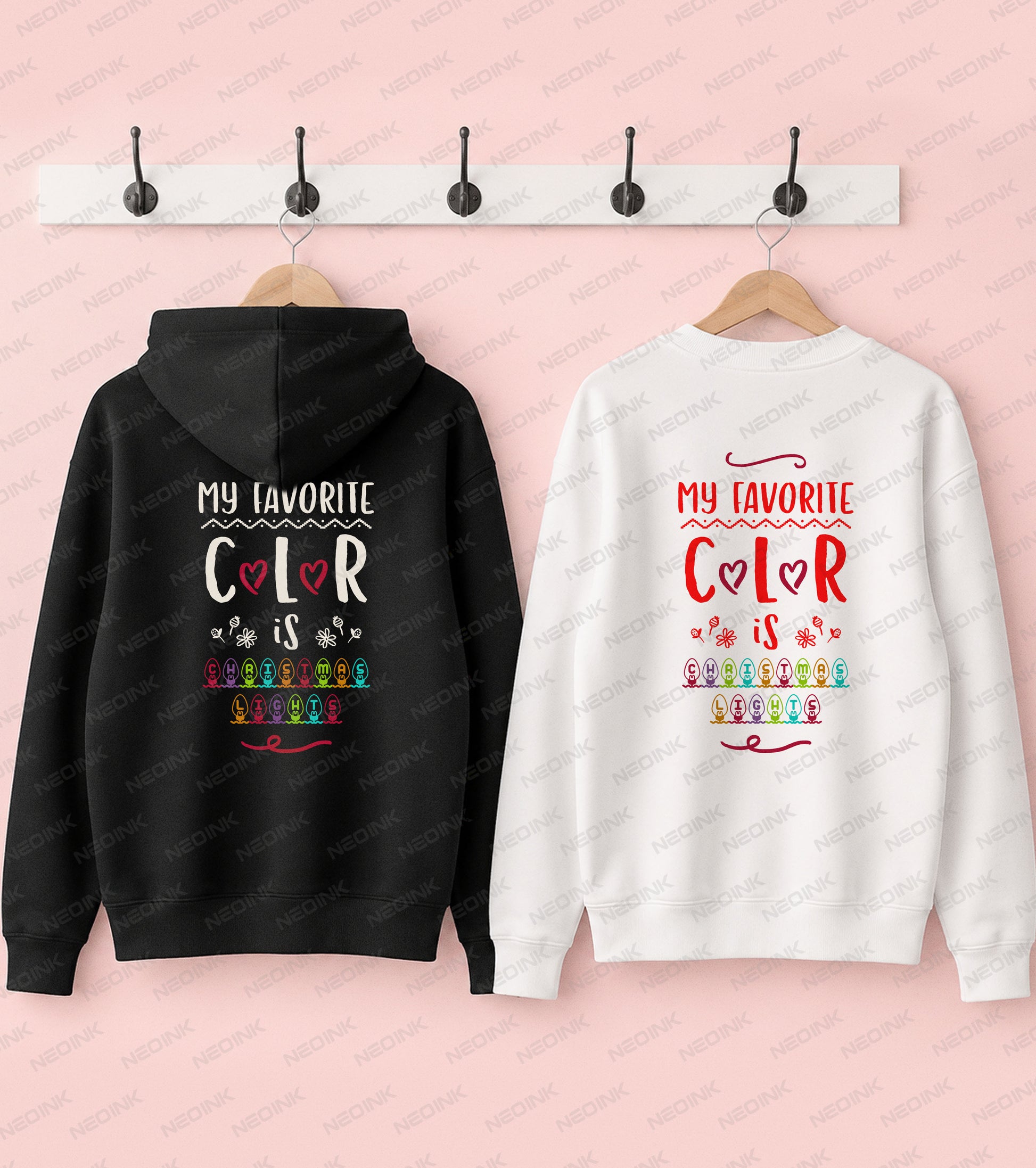 My Favorite Color Is Christmas Lights lettering surrounded by colorful holiday bulbs, ready to print on apparel as a DTF transfer.