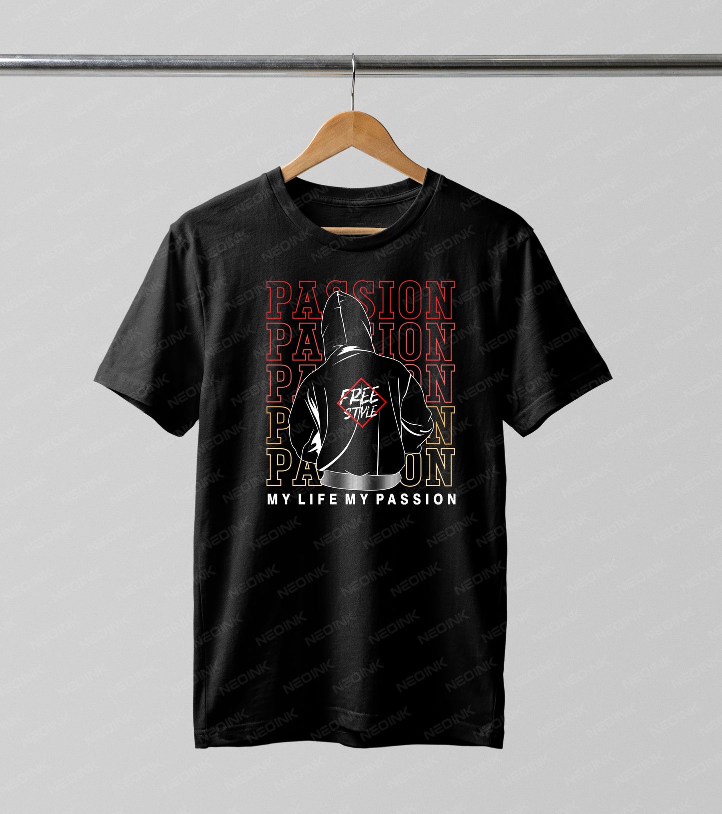 Bold "Passion" typography stacked behind a mysterious hoodie figure, offered as ready to print DTF transfers ideal for urban fashion drops.