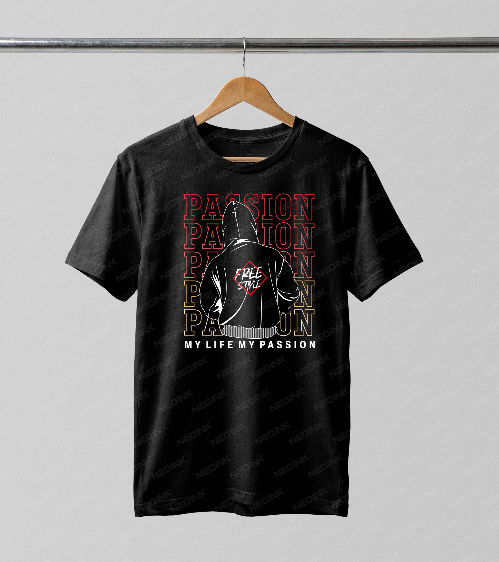 Bold "Passion" typography stacked behind a mysterious hoodie figure, offered as ready to print DTF transfers ideal for urban fashion drops.