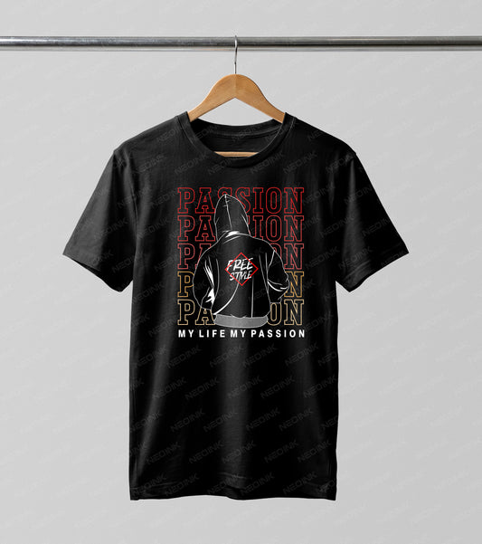 Bold "Passion" typography stacked behind a mysterious hoodie figure, offered as ready to print DTF transfers ideal for urban fashion drops.