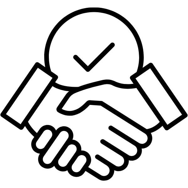 Handshake icon with checkmark symbolizing NeoInk’s durable DTF transfers built to withstand wear and washing